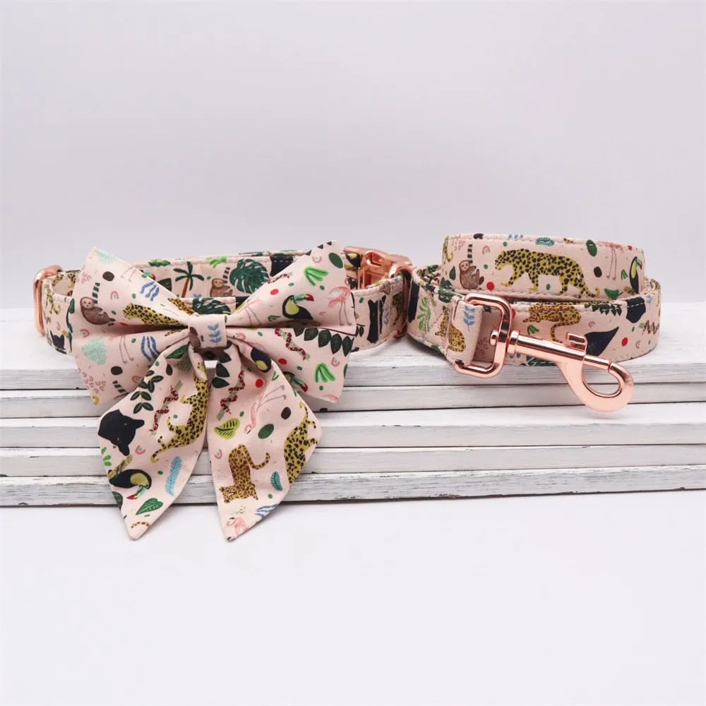 Jungle Print Laser Engraved Girly Collar And Leash Set: Personalized