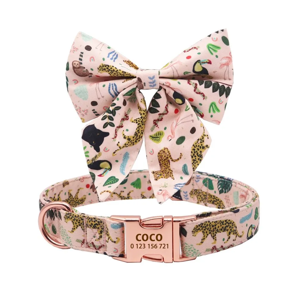 Jungle Print Laser Engraved Girly Collar And Leash Set: Personalized