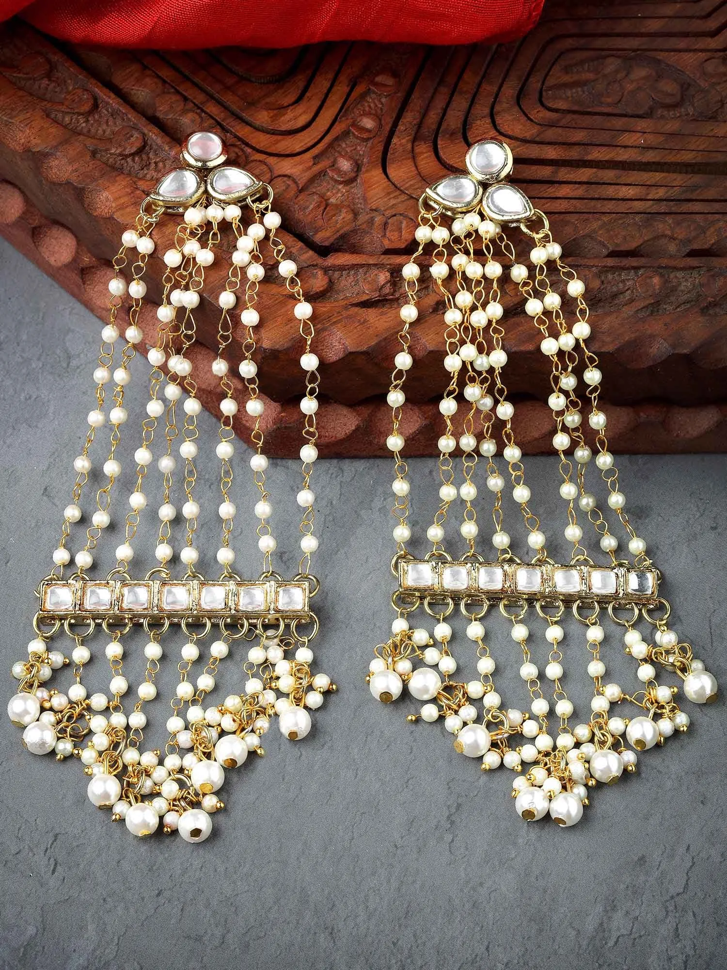 Karatcart Gold Plated Pearl Chain Kundan Drop Earrings for Women