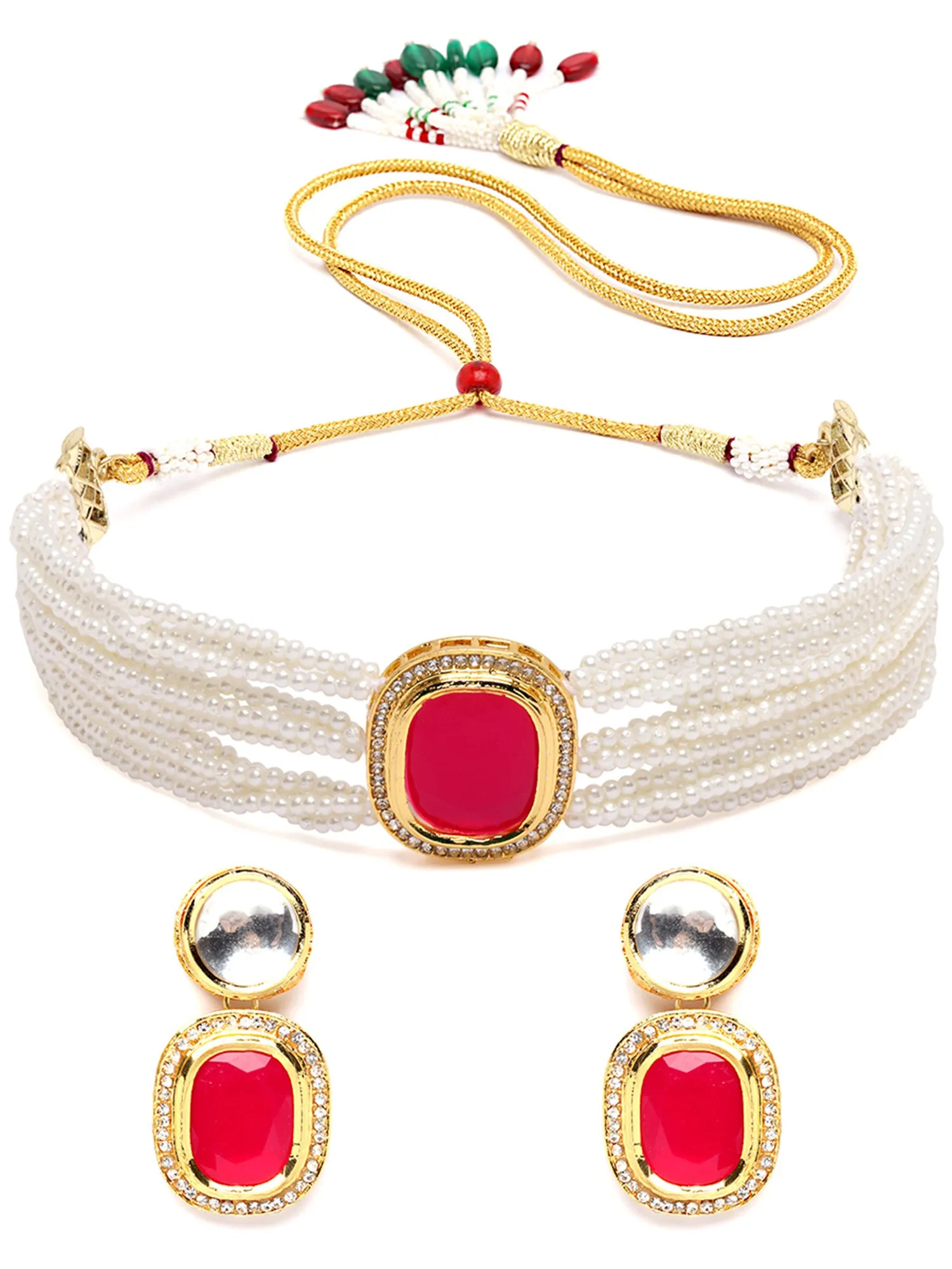 Karatcart Gold Plated Red Polki Kundan Choker Necklace Set for Women