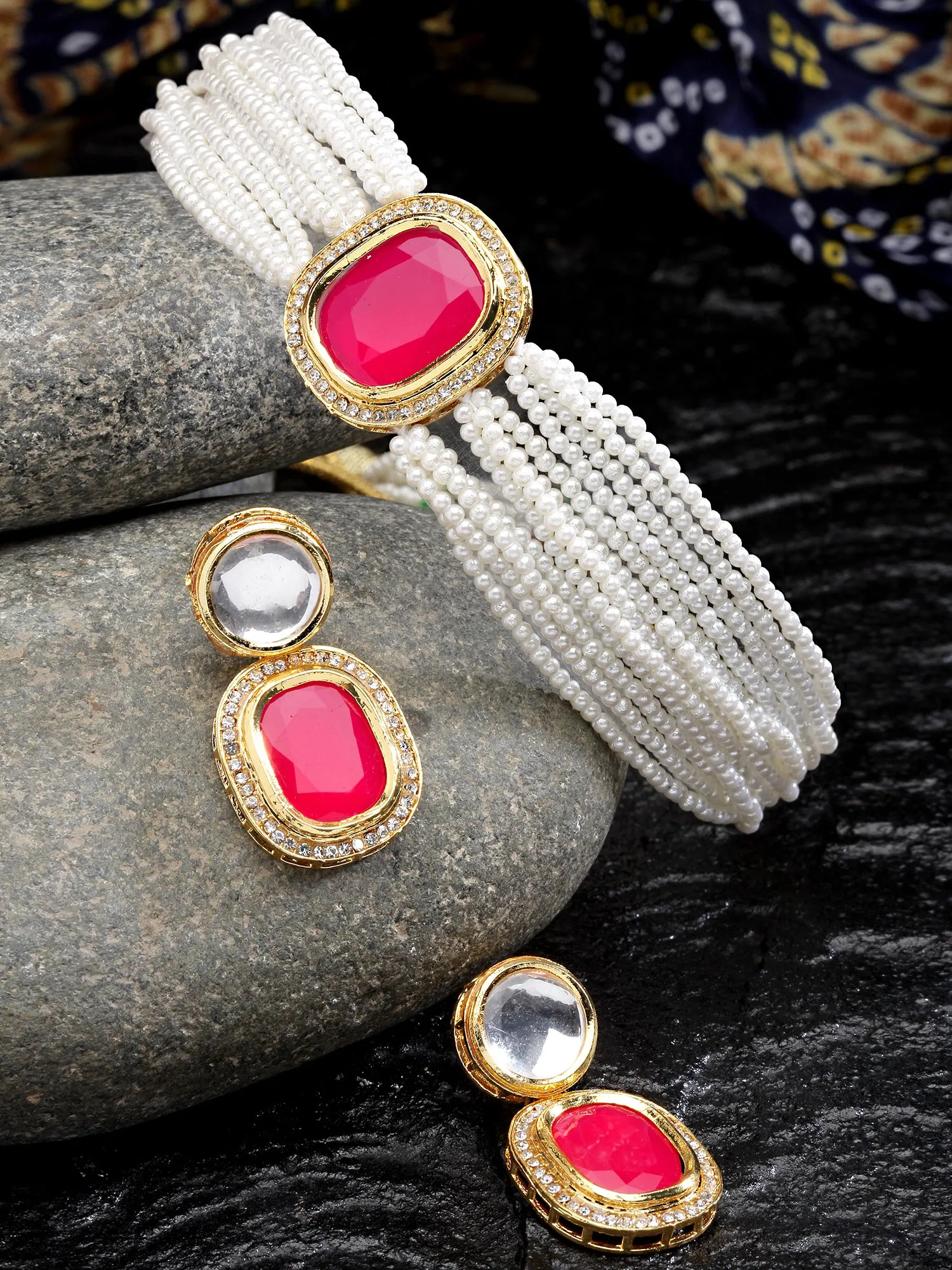 Karatcart Gold Plated Red Polki Kundan Choker Necklace Set for Women