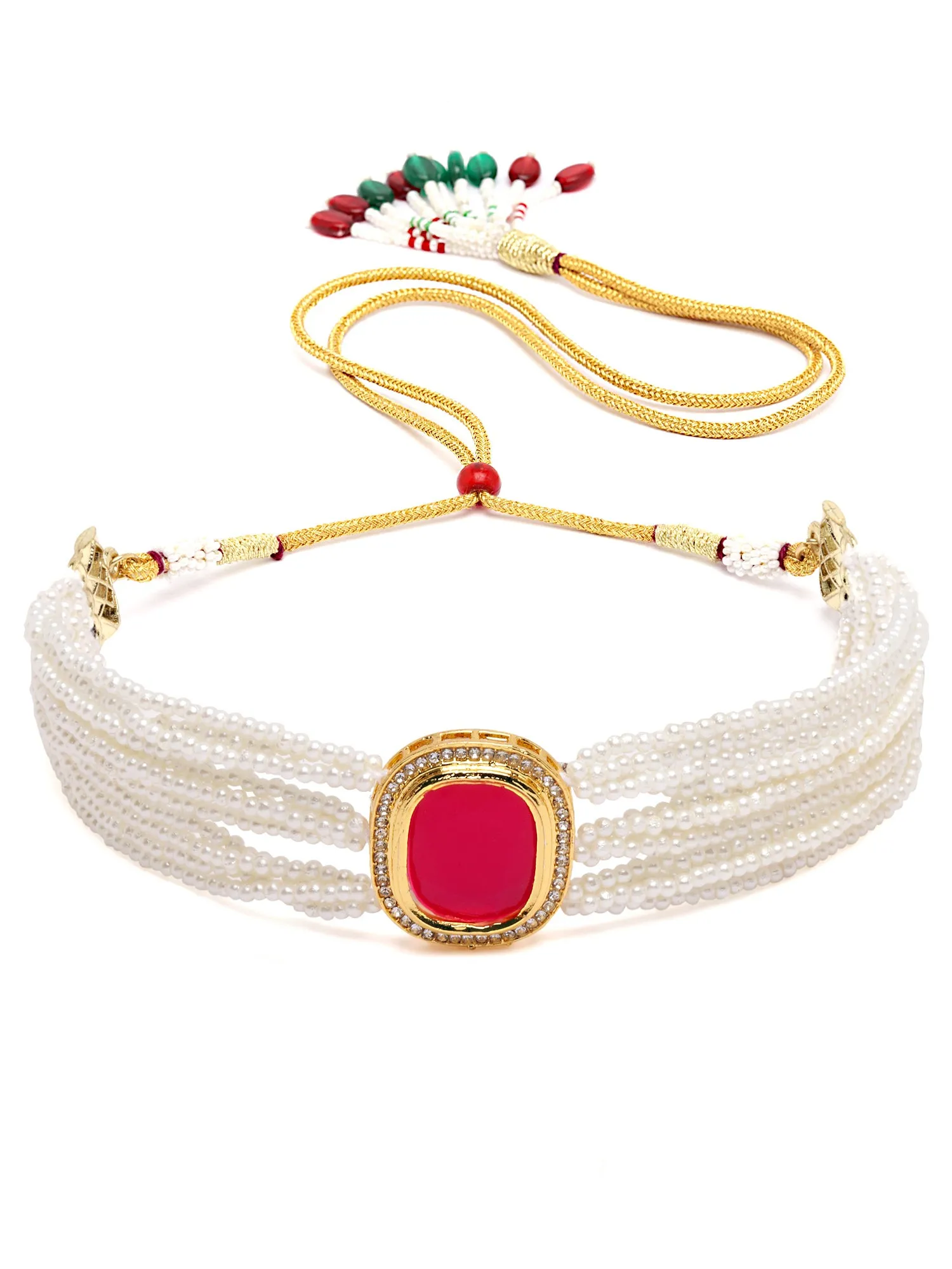 Karatcart Gold Plated Red Polki Kundan Choker Necklace Set for Women