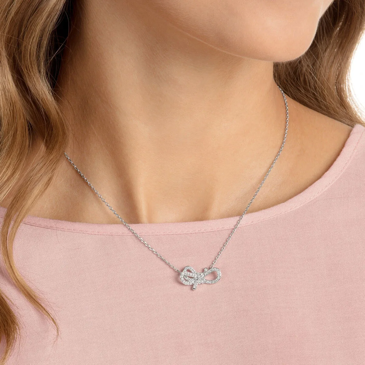 Lifelong Bow White Rhodium Plating Pendant Necklace