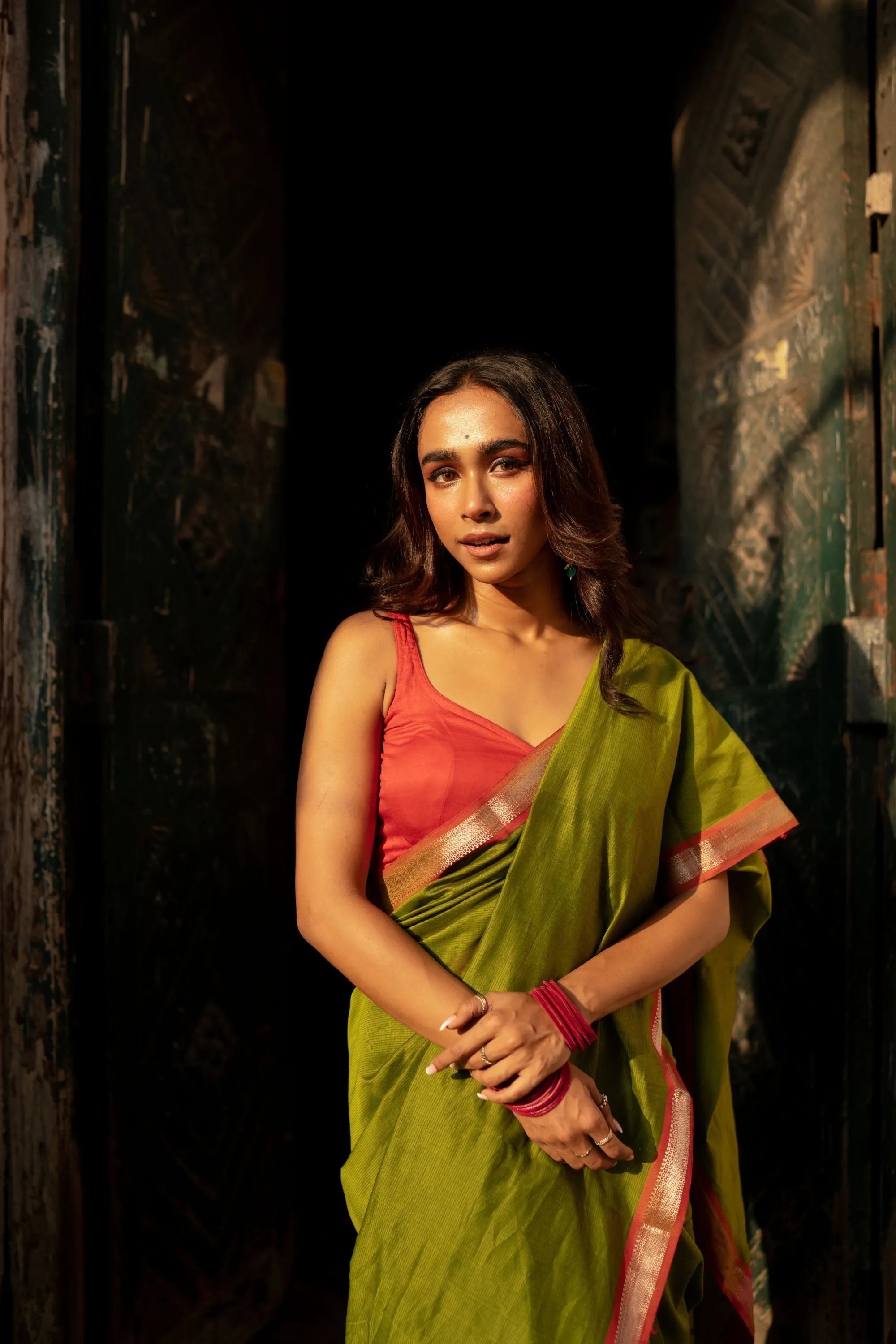 Maheswari Handloom saree - Seher - Green pink zari