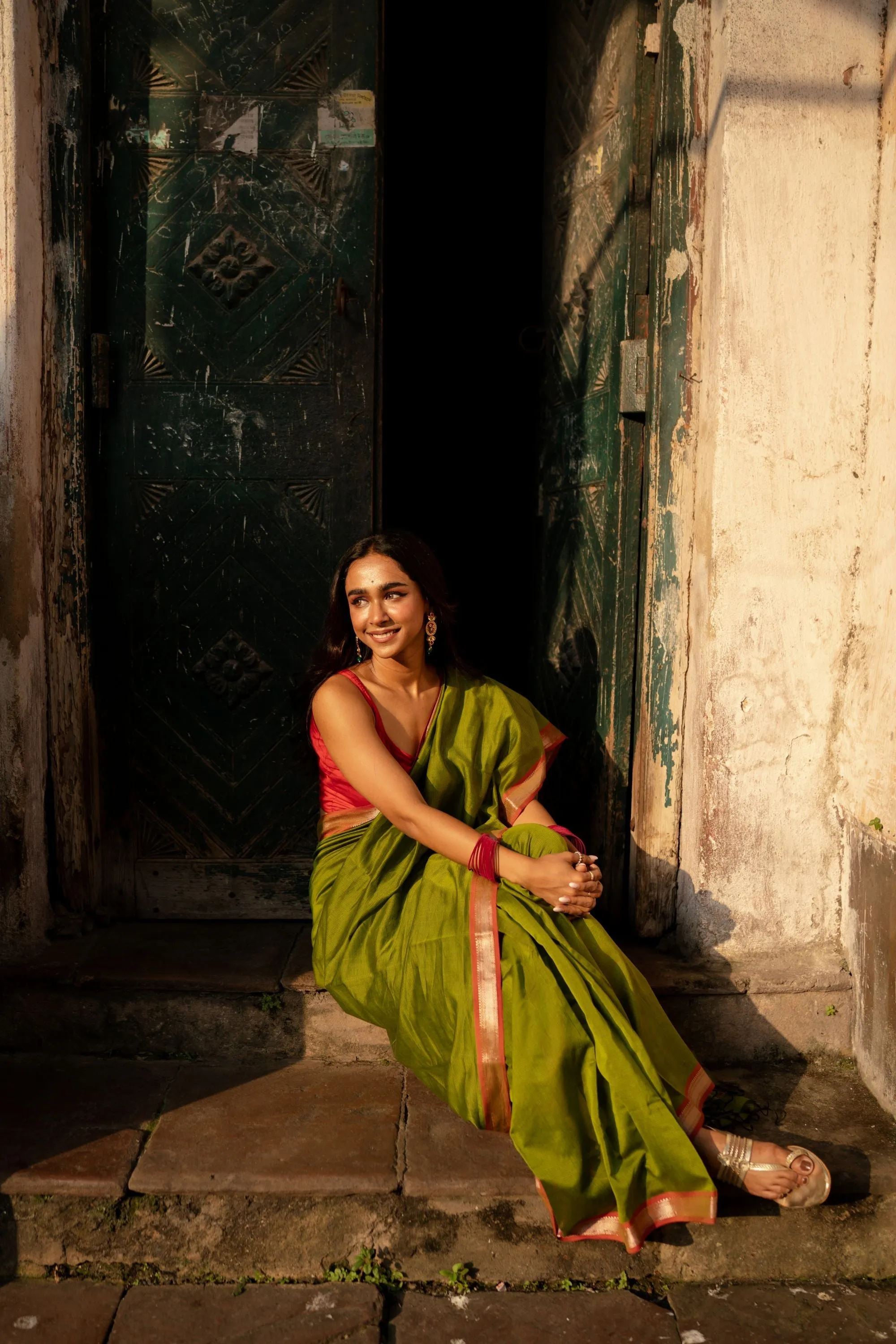 Maheswari Handloom saree - Seher - Green pink zari