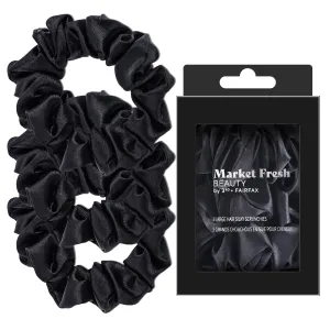 Market Fresh Beauty Silk Hair Scrunchies, 3 Pack - Large Silk Scrunchies for All Hair Types, Prevents Hair Breakage & Crease-Free Styling - Luxurious Black