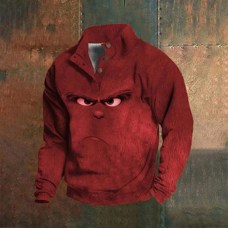 Men's Christmas Fun Printed Stand-Up Collar Button Sweatshirt