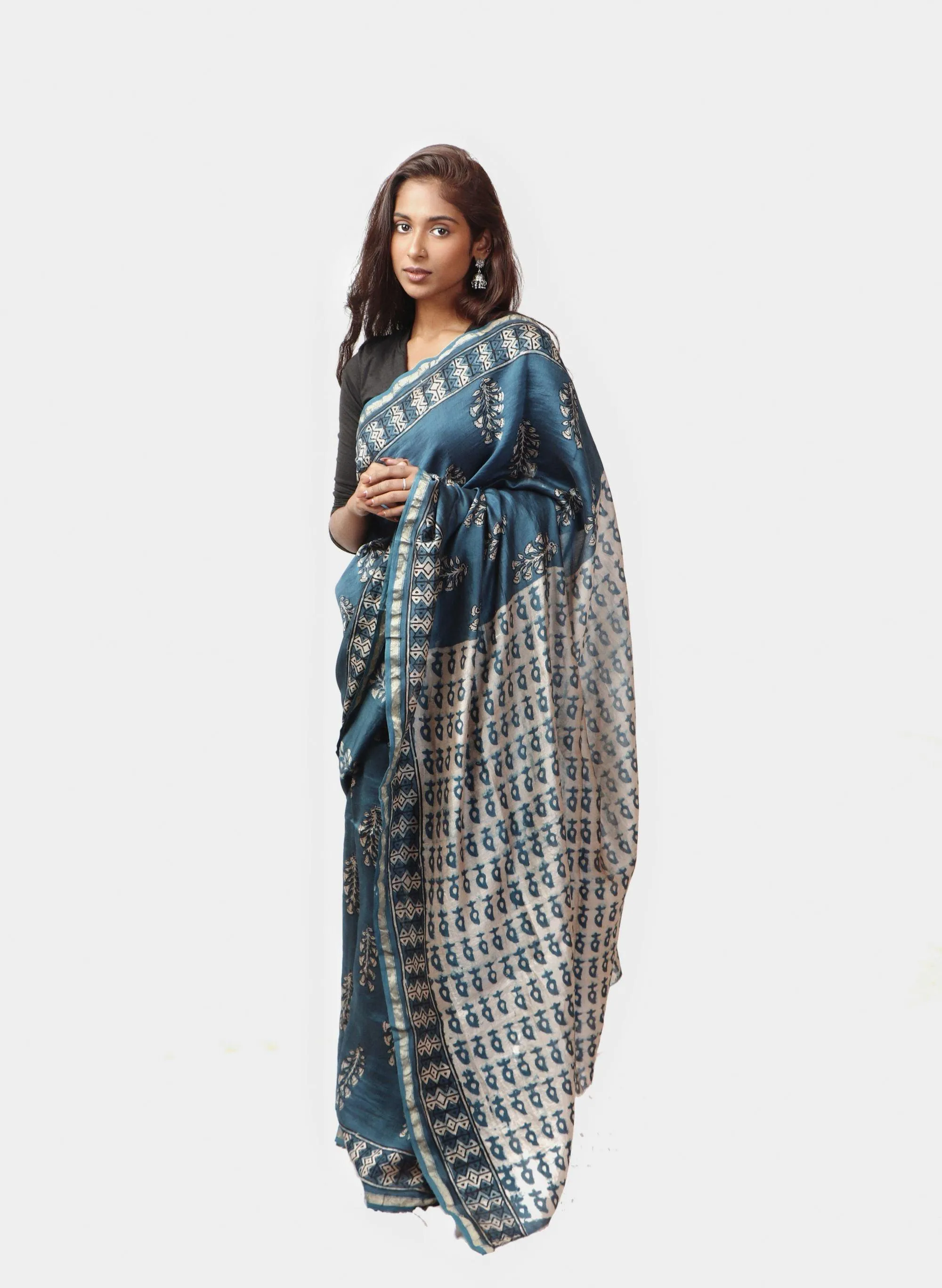 Natural dyed Dabu sarees - Malhar -Kairi Indigo
