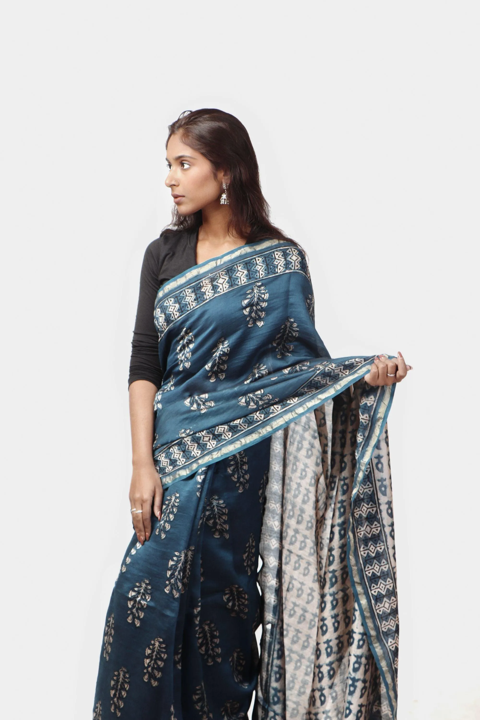 Natural dyed Dabu sarees - Malhar -Kairi Indigo
