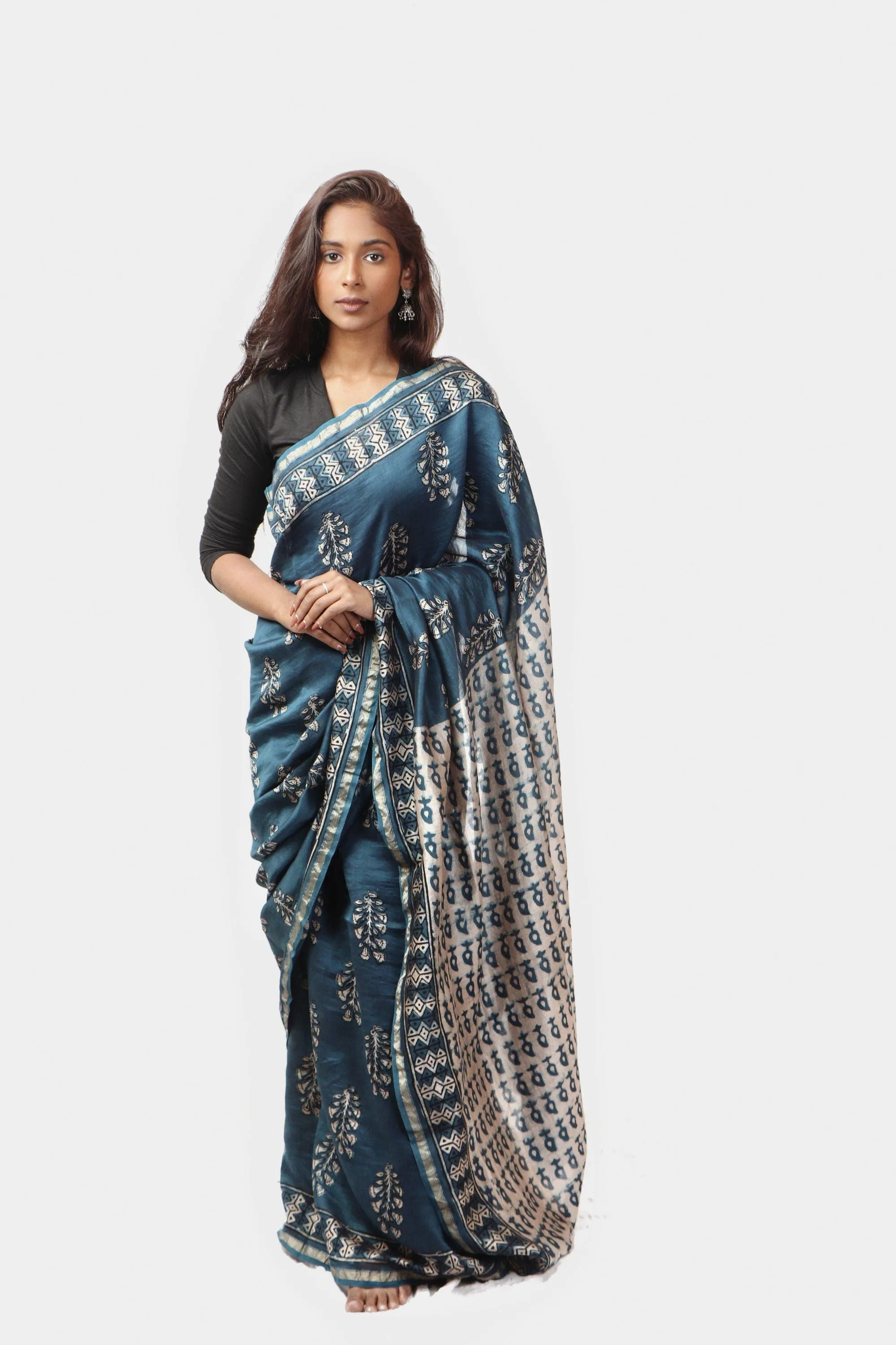 Natural dyed Dabu sarees - Malhar -Kairi Indigo
