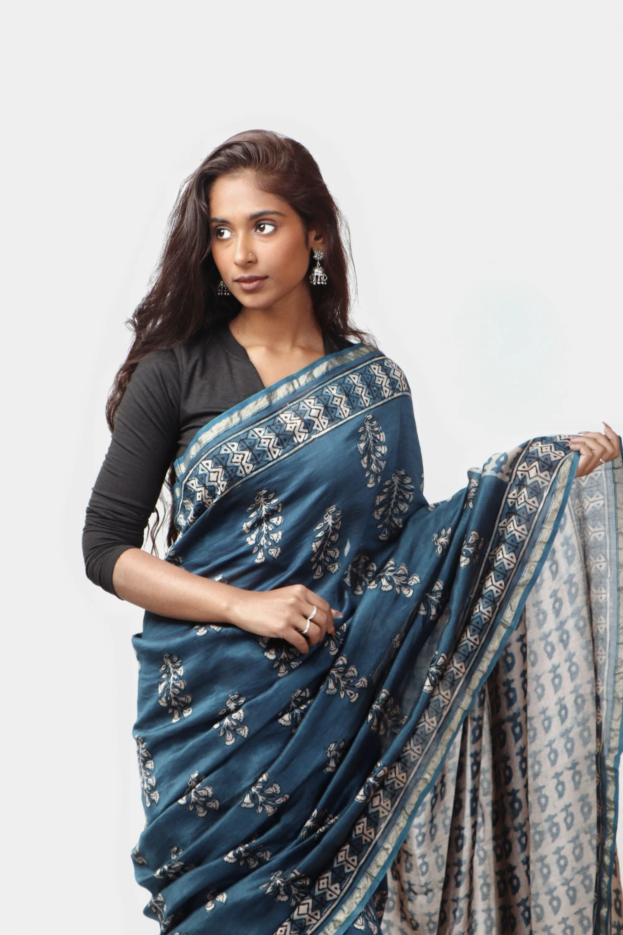 Natural dyed Dabu sarees - Malhar -Kairi Indigo