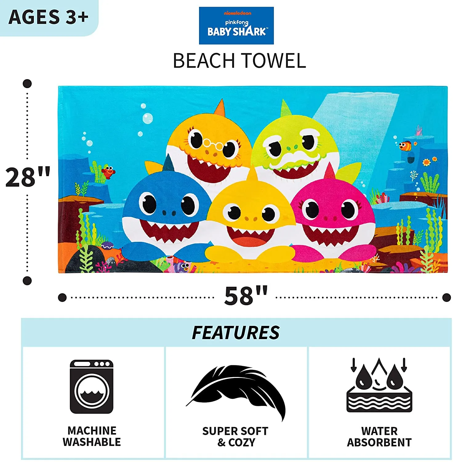 New Franco Kids Super Soft Cotton Beach Towel, 58 in x 28 in, Baby Shark