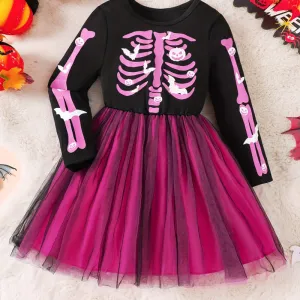 NEW Girls Halloween Princess Dress With Cartoon Skeleton Print For Winterfall Parties, Sz 4yr