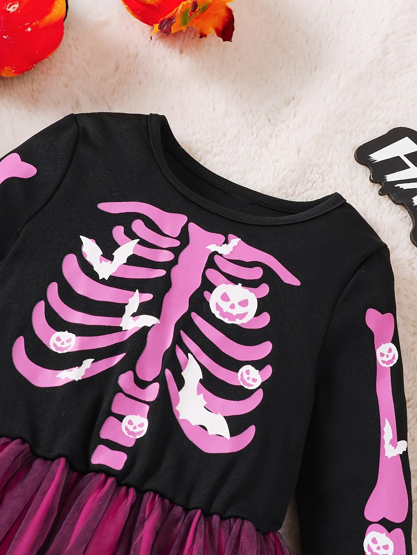 NEW Girls Halloween Princess Dress With Cartoon Skeleton Print For Winterfall Parties, Sz 4yr