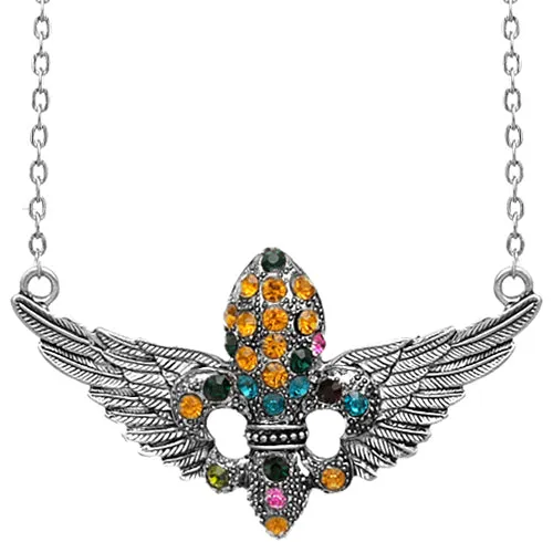 Orange Fleur De Lis Rhinestone Charm Necklace