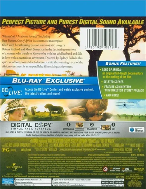 Out of Africa Blu-ray   DVD   Digital Copy (Free Shipping)