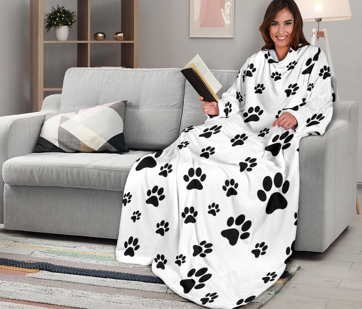 Paw Prints Adult Sleeve Blanket - White