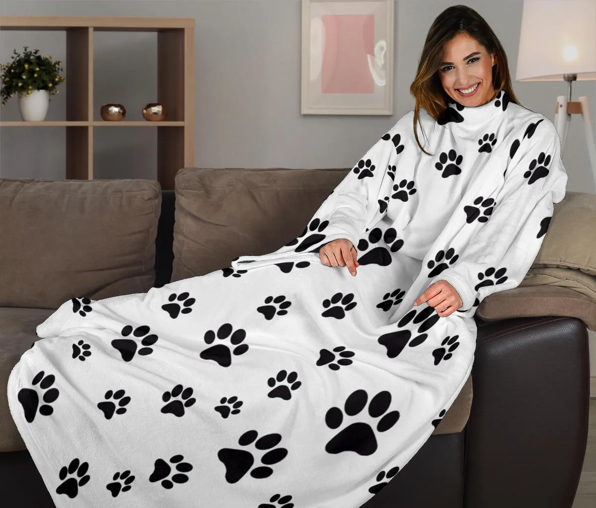 Paw Prints Adult Sleeve Blanket - White