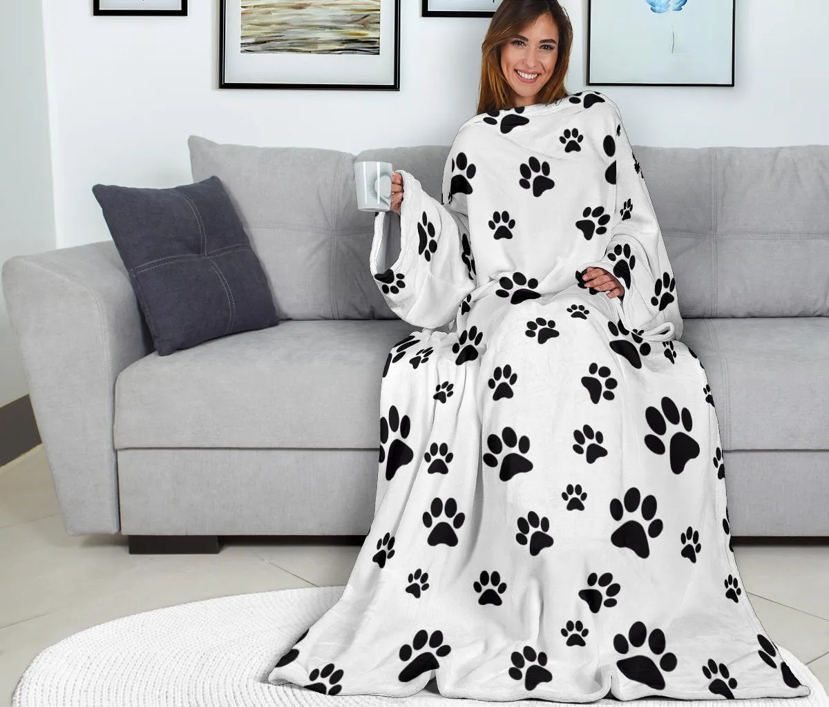 Paw Prints Adult Sleeve Blanket - White