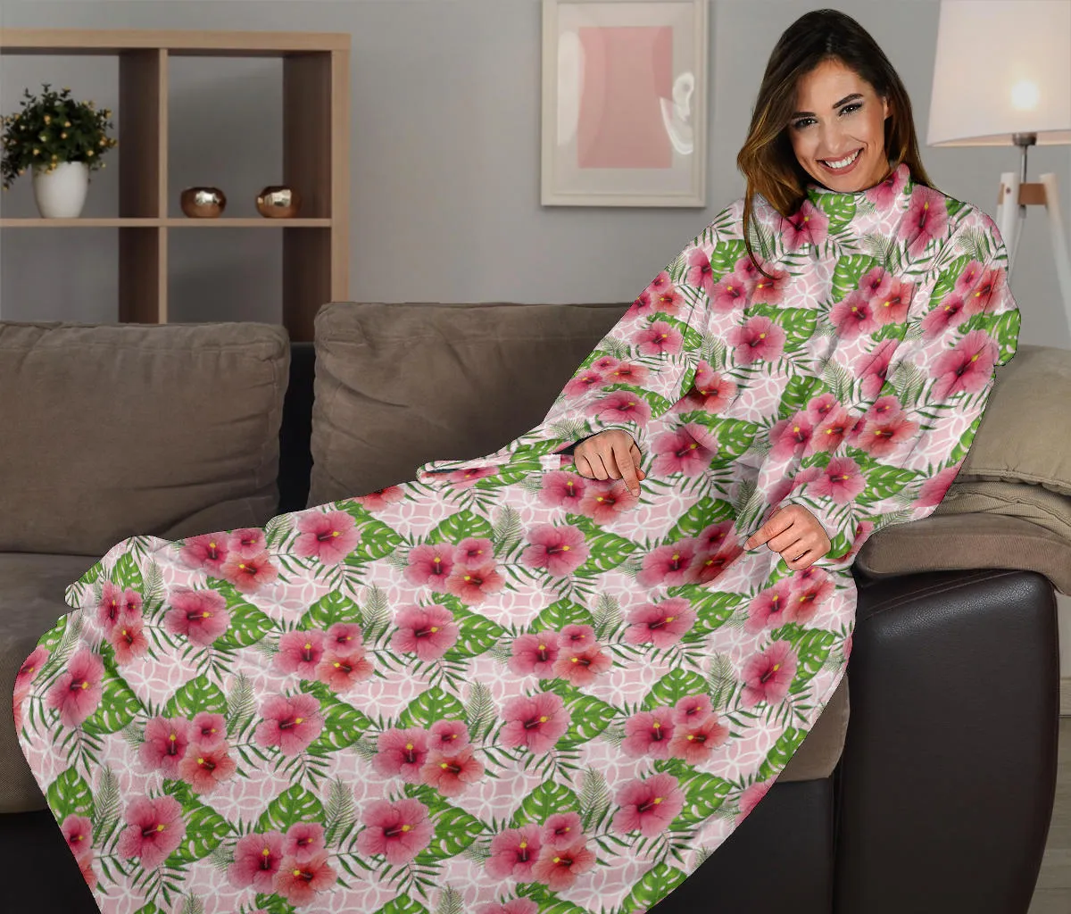 Pink Flowers Adult Sleeve Blanket