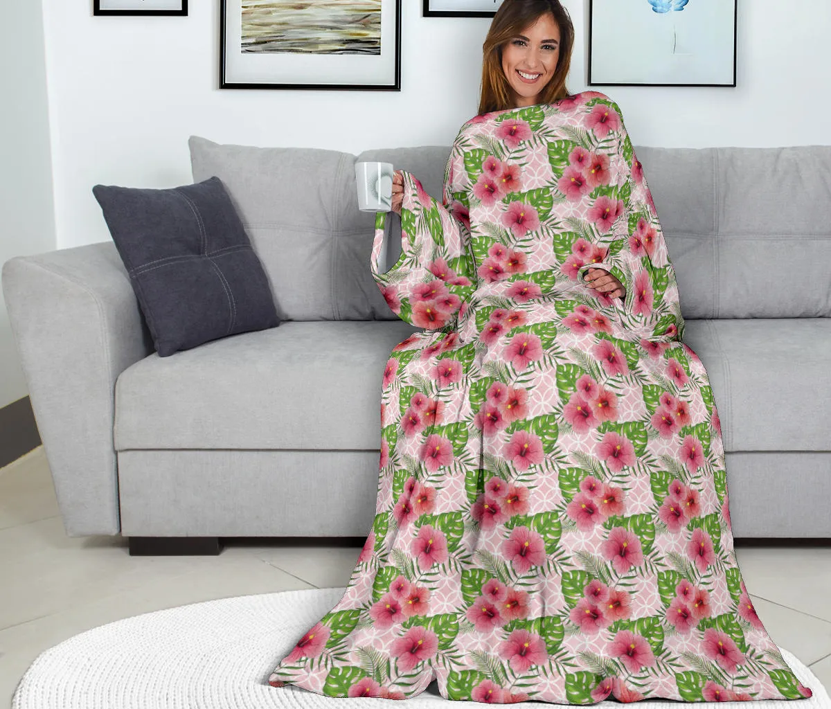 Pink Flowers Adult Sleeve Blanket