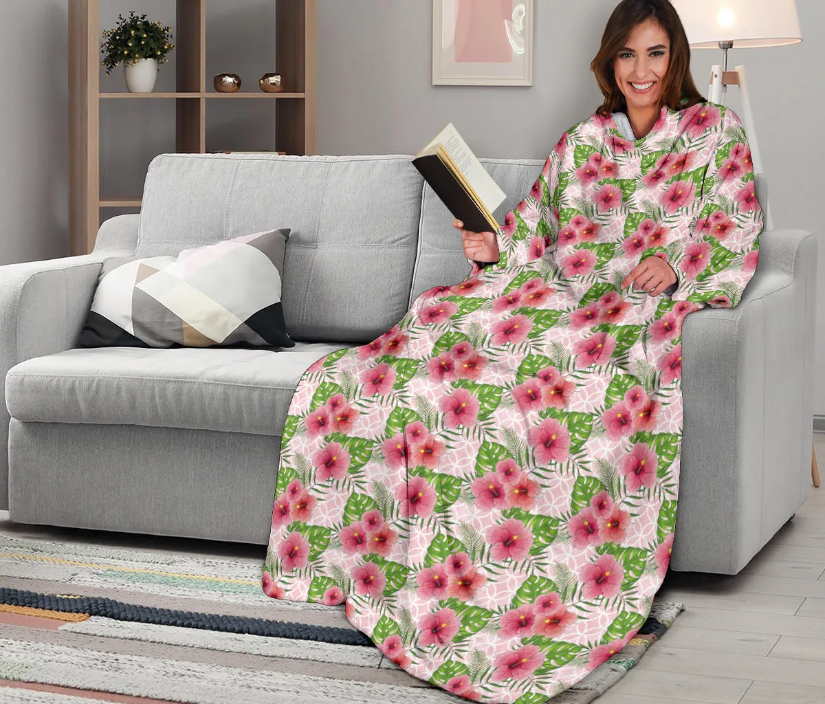 Pink Flowers Adult Sleeve Blanket