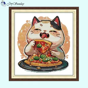 Pizza-loving Kitten DIY Kids Cross Stitch Kit - Handmade Embroidery with Stamped Canvas