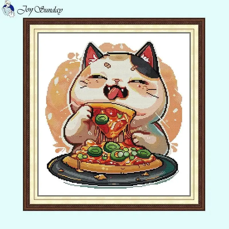 Pizza-loving Kitten DIY Kids Cross Stitch Kit - Handmade Embroidery with Stamped Canvas