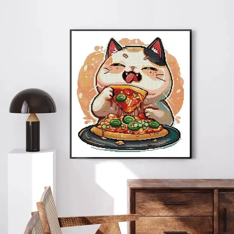 Pizza-loving Kitten DIY Kids Cross Stitch Kit - Handmade Embroidery with Stamped Canvas