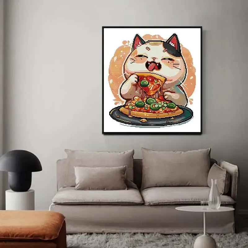 Pizza-loving Kitten DIY Kids Cross Stitch Kit - Handmade Embroidery with Stamped Canvas