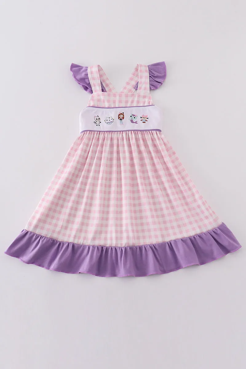 Purple Cartoon Embroidery Girl Dress