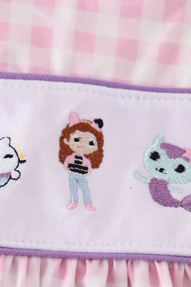 Purple Cartoon Embroidery Girl Dress