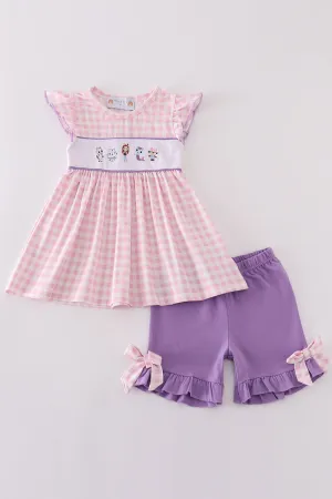 Purple Cartoon Embroidery Girl Set