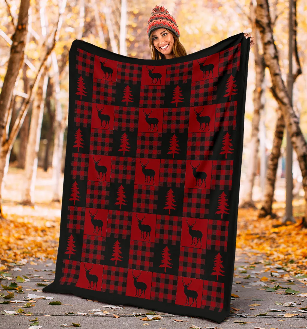 Red and Black Buffalo Plaid Deer Buck Pine Tree Patchwork Pattern Fleece Throw Blanket