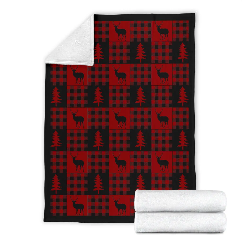 Red and Black Buffalo Plaid Deer Buck Pine Tree Patchwork Pattern Fleece Throw Blanket