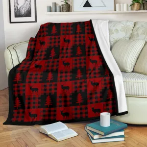 Red and Black Buffalo Plaid Deer Buck Pine Tree Patchwork Pattern Fleece Throw Blanket