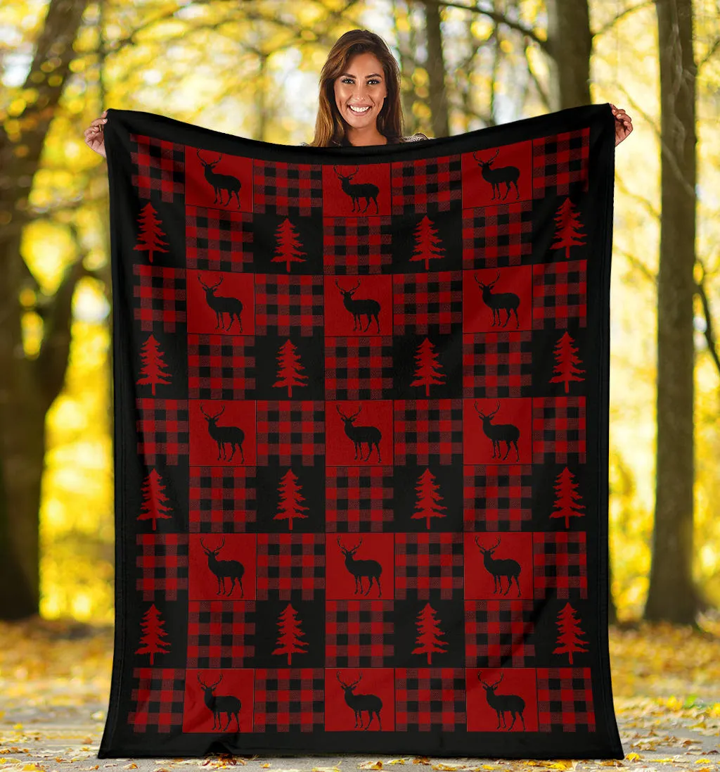 Red and Black Buffalo Plaid Deer Buck Pine Tree Patchwork Pattern Fleece Throw Blanket