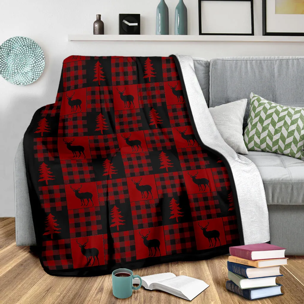 Red and Black Buffalo Plaid Deer Buck Pine Tree Patchwork Pattern Fleece Throw Blanket