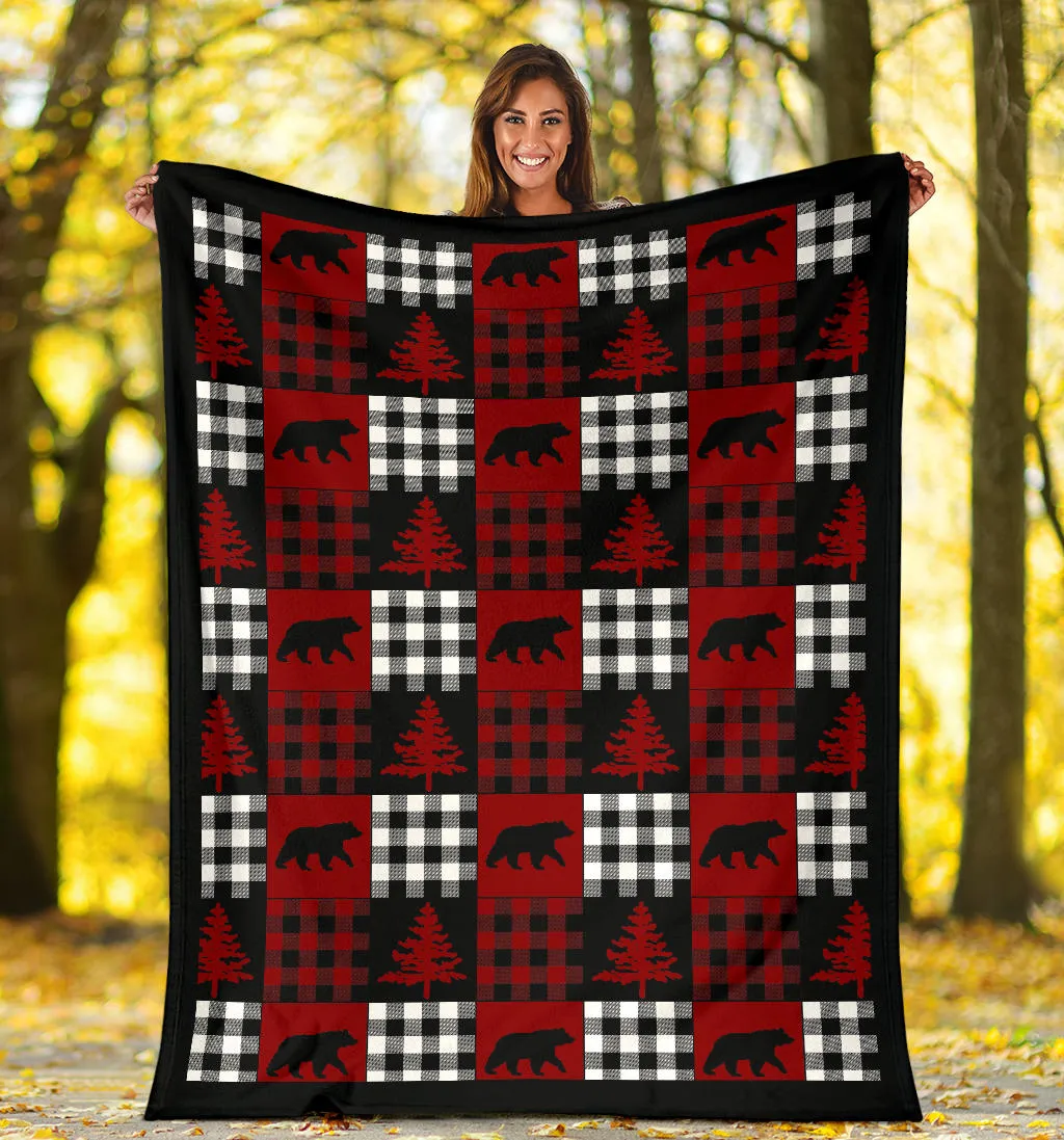 Red, Black and White, Buffalo Plaid Patchwork Style Fleece Throw Blanket