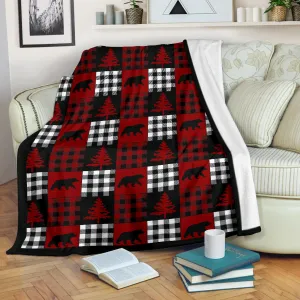Red, Black and White, Buffalo Plaid Patchwork Style Fleece Throw Blanket