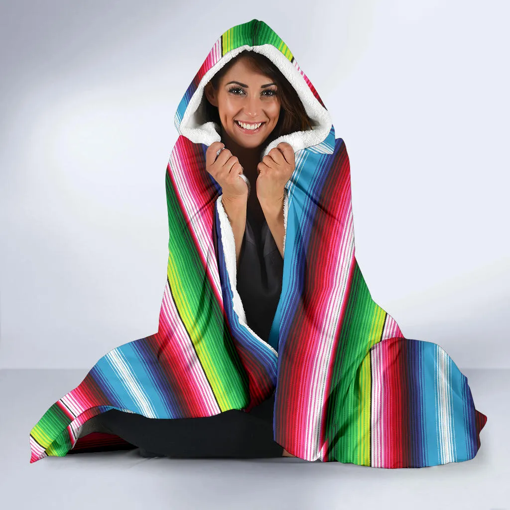 Red Blue and Green Serape Style Striped Hooded Blanket