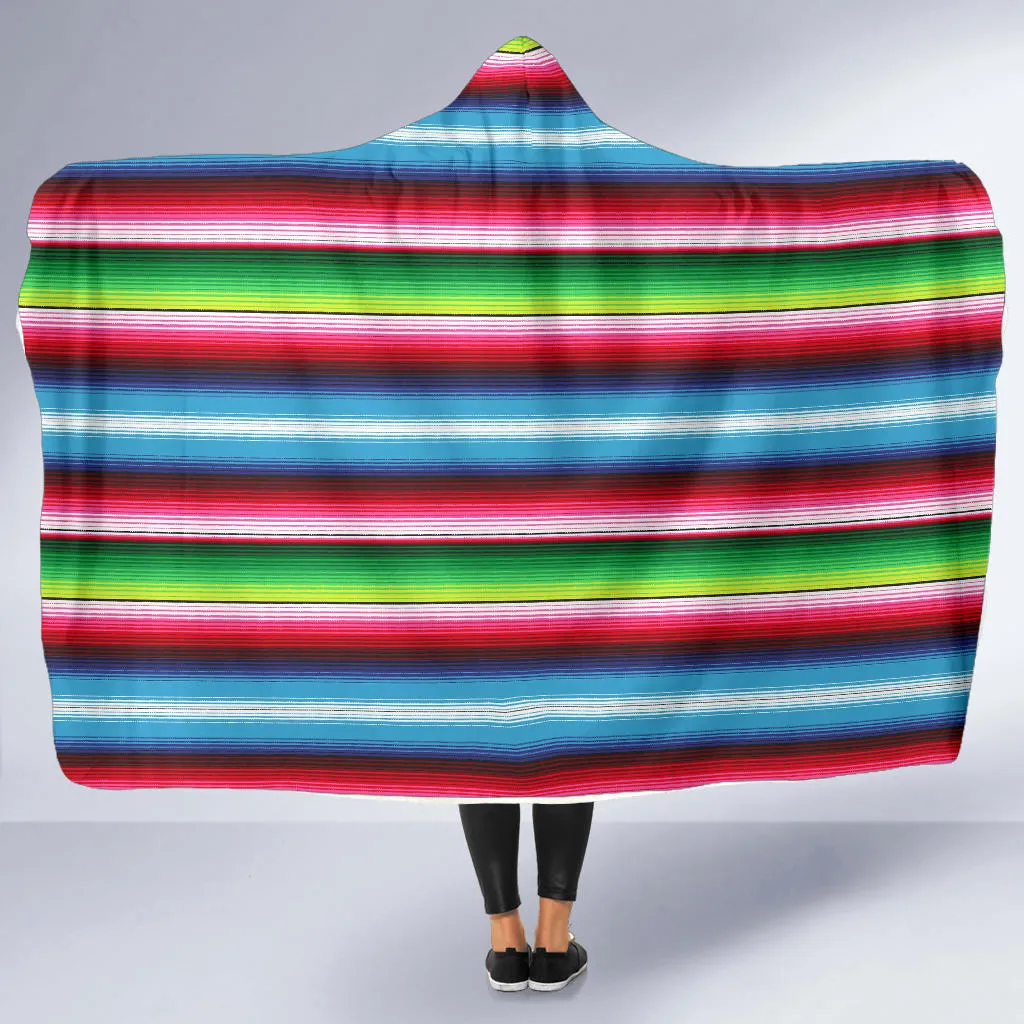 Red Blue and Green Serape Style Striped Hooded Blanket