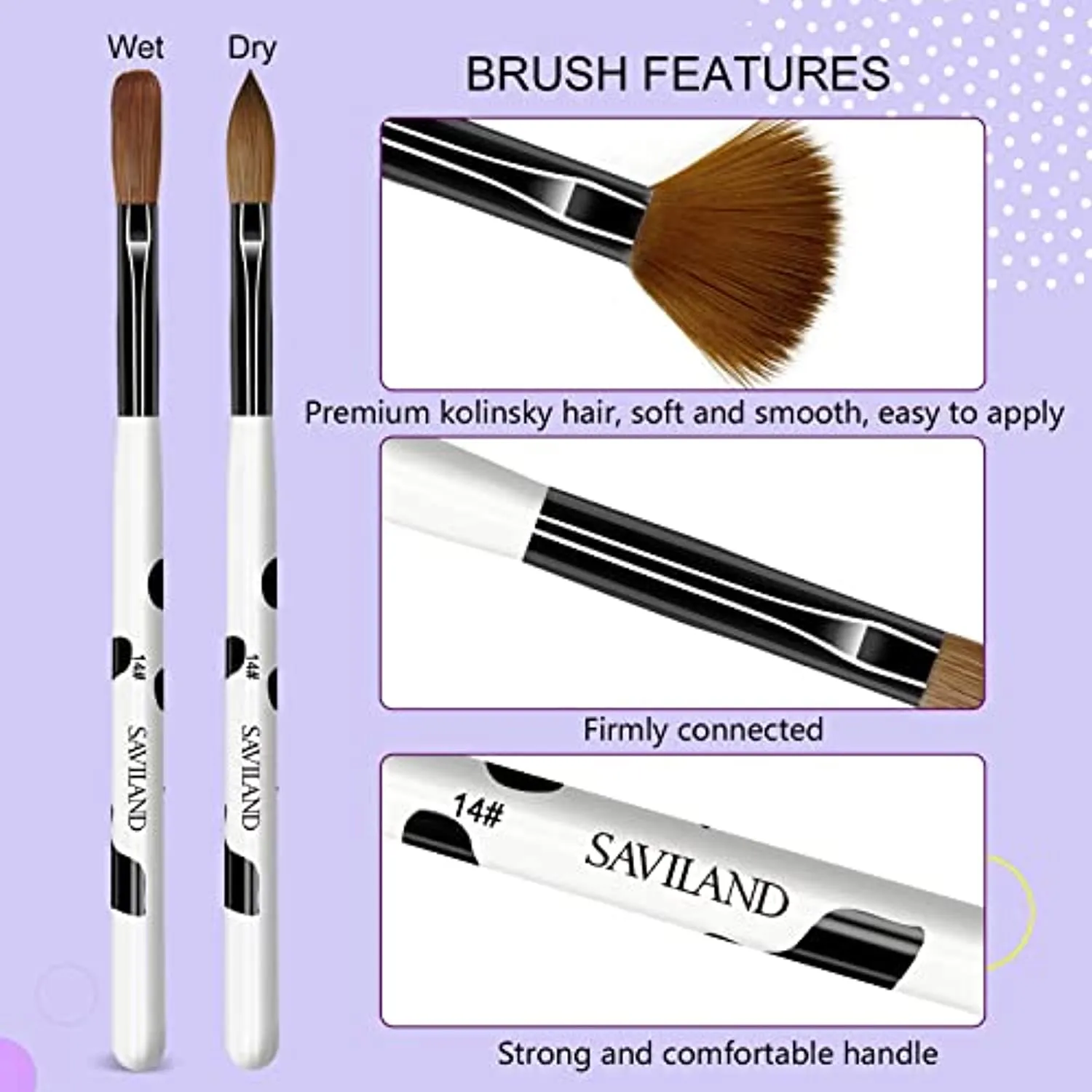 Saviland 3pcs Acrylic Nail Brush Set, Size 8/10/14 Kolinsky Acrylic Nail Brushes for Acrylic Application, Nail Extension with Black & White Handle for Beginner & Professional