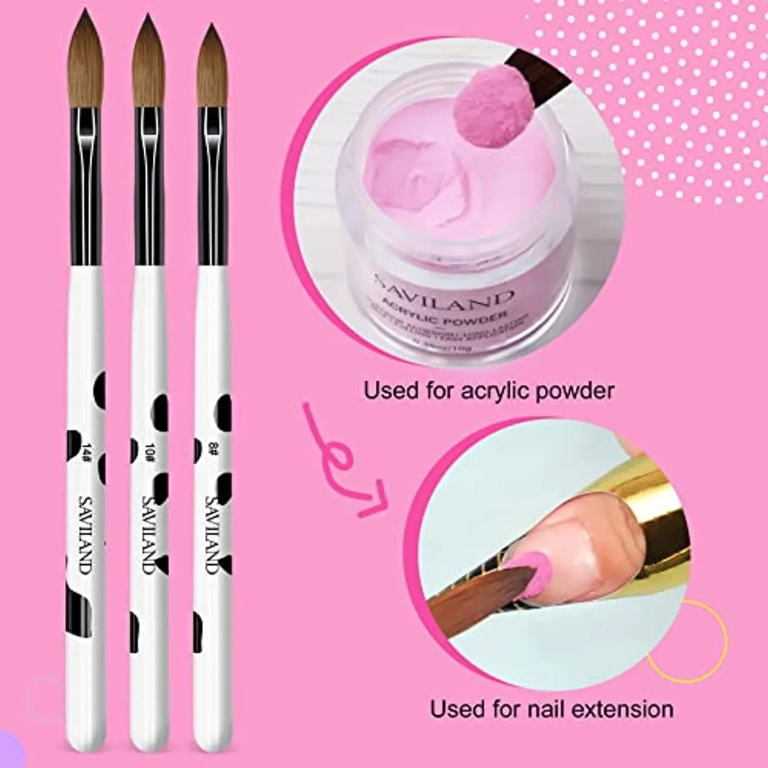 Saviland 3pcs Acrylic Nail Brush Set, Size 8/10/14 Kolinsky Acrylic Nail Brushes for Acrylic Application, Nail Extension with Black & White Handle for Beginner & Professional