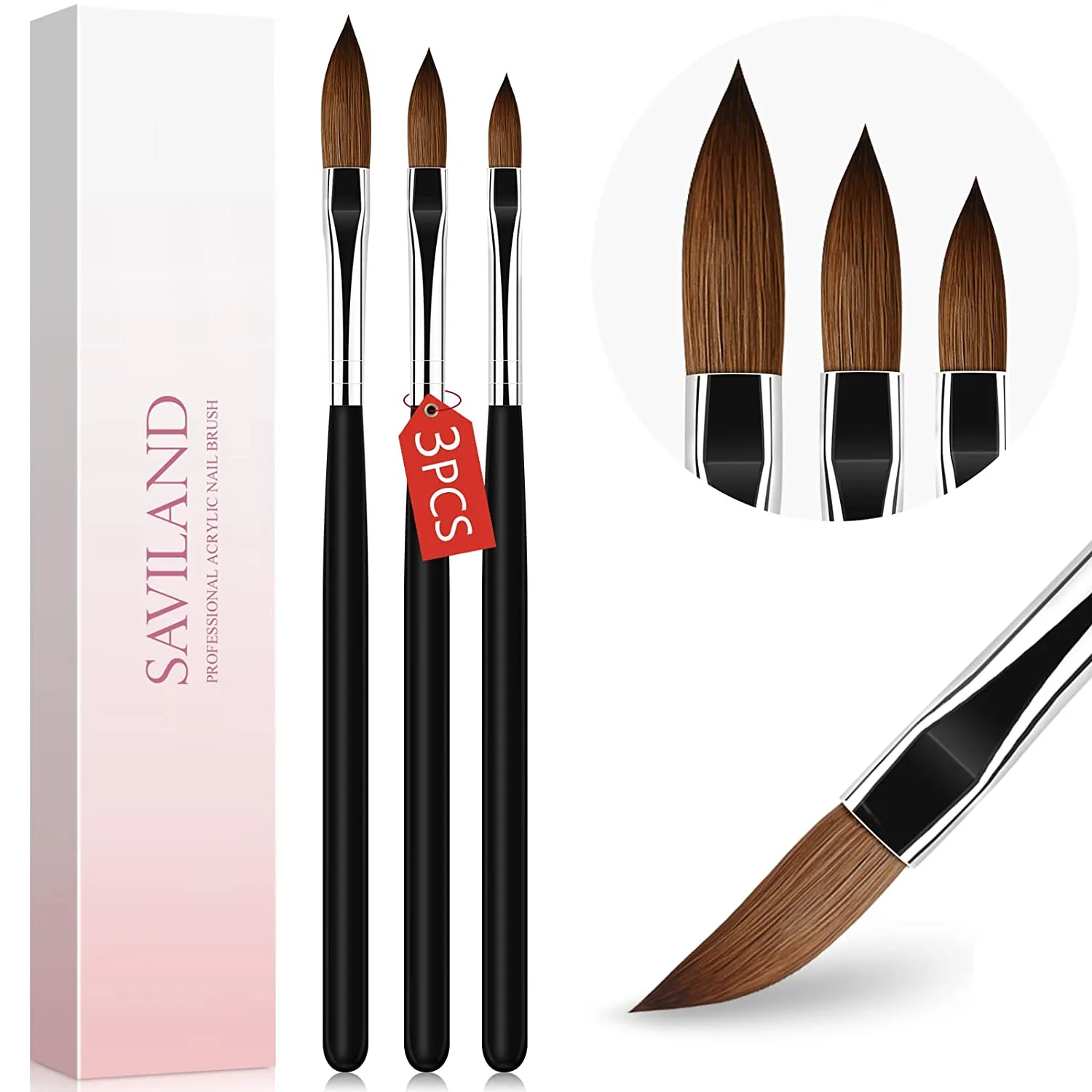 Saviland 3pcs Acrylic Nail Brush Set, Size 8/10/14 Kolinsky Acrylic Nail Brushes for Acrylic Application, Nail Extension with Black & White Handle for Beginner & Professional