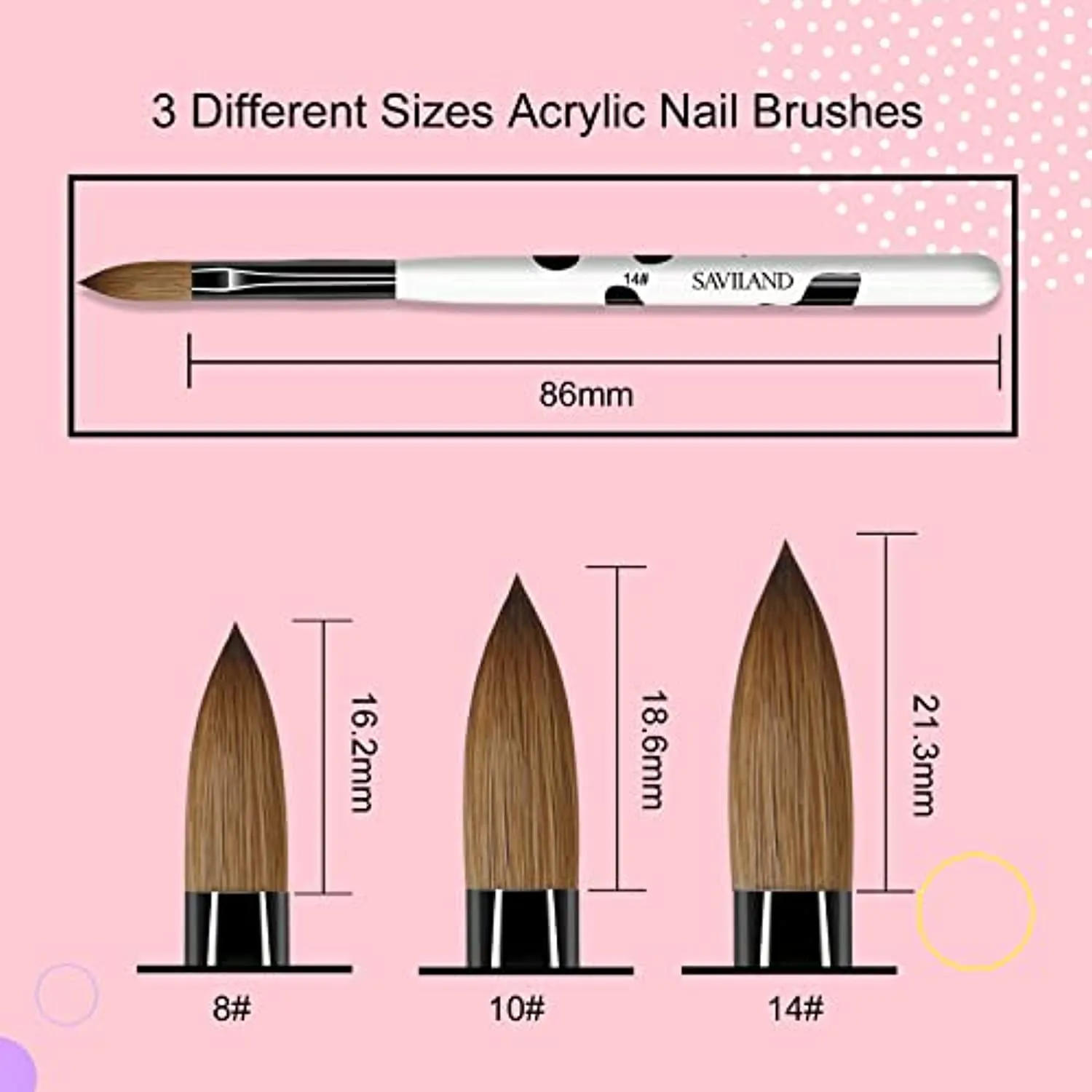 Saviland 3pcs Acrylic Nail Brush Set, Size 8/10/14 Kolinsky Acrylic Nail Brushes for Acrylic Application, Nail Extension with Black & White Handle for Beginner & Professional