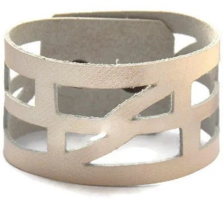 Silver color Leather "Self Empowering" Cuff bracelet. Reclaimed Leather Band.