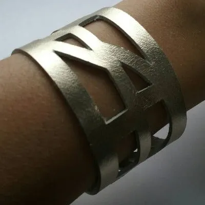 Silver color Leather "Self Empowering" Cuff bracelet. Reclaimed Leather Band.
