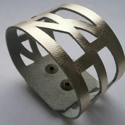 Silver color Leather "Self Empowering" Cuff bracelet. Reclaimed Leather Band.
