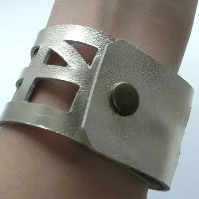 Silver color Leather "Self Empowering" Cuff bracelet. Reclaimed Leather Band.